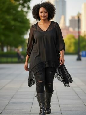 Pretty Angel Black Lace Tunic Top Large Boho Fairy Grunge Asymmetrical Sheer